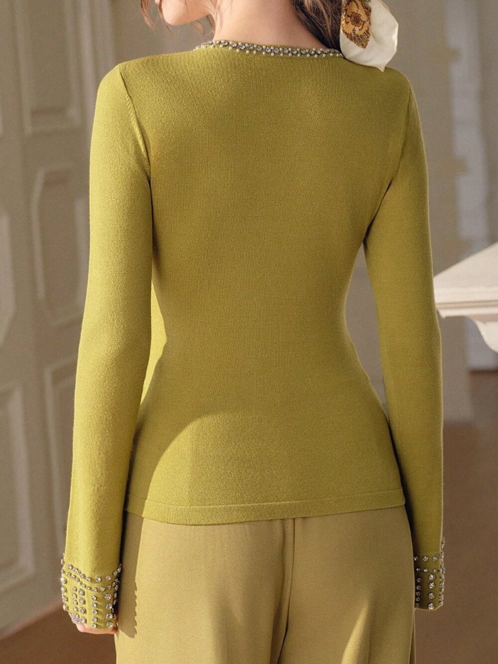 Olive Green Casual Women's Crew Neck Keyhole Fitted Knit Long Sleeve Sweater - Picture 2 of 8